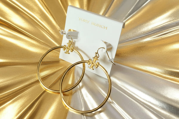 Tory Burch Metallic Gold Kira Stacked-T Logo Hoop Earring