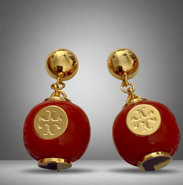 Tory Burch Gold And Red Enamel Logo Drop Earrings