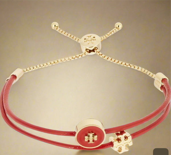 Tory Burch Kira 18K Gold Plated Leather & Enamel Logo Red Bracelet