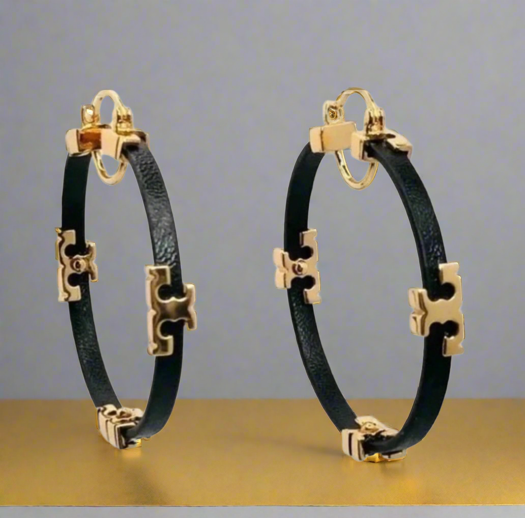 Tory Burch Gold Black Serif T & Leather Hoop Earrings