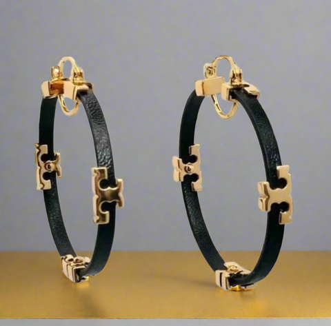 Tory Burch Gold Black Serif T & Leather Hoop Earrings