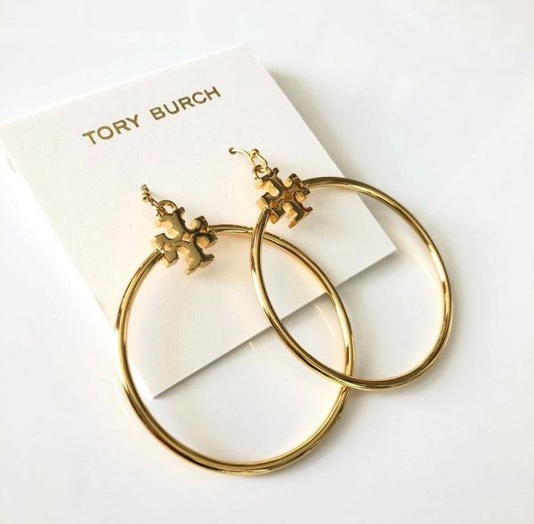 Tory Burch Metallic Gold Kira Stacked-T Logo Hoop Earring