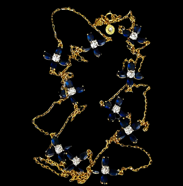 Tory Burch Long Swarovski Crystal Blue Flowers Necklace Gold & Blue