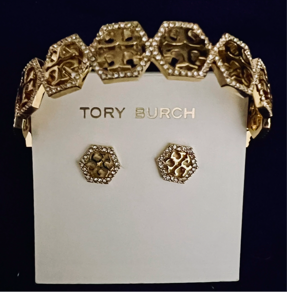 Tory Burch Hexagon Pave Frozen Logo Cuff Bracelet and Stud Earrings Gold Tone with Pavè Crystals
