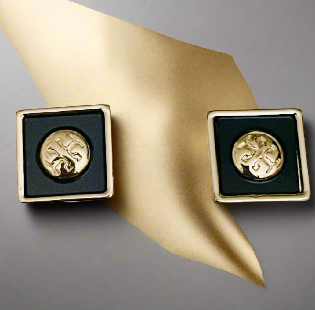 Tory Burch Gold And Black Resin Square With T Logo Stud Earrings