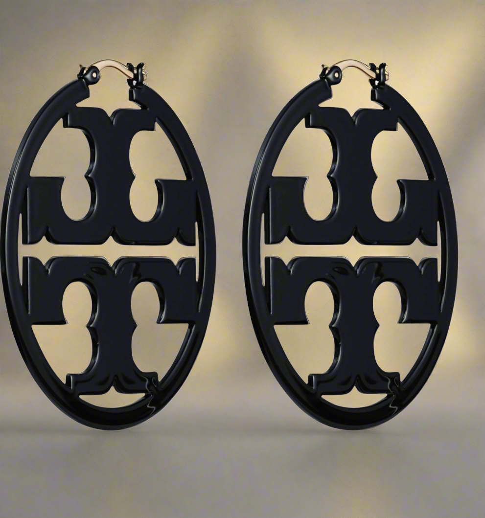 Tory Burch Miller Logo Hoop Earrings Painted Black and French Cream