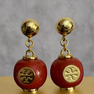 Tory Burch Gold And Red Enamel Logo Drop Earrings