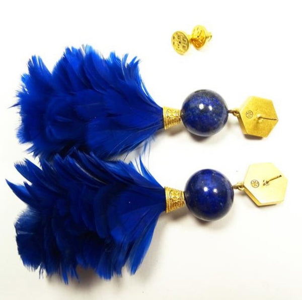 Tory Burch Gold Plated Lapis Lazul And Feather Statement Drop Earrings