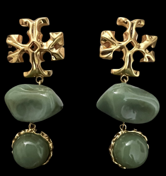 Tory Burch Roxanne Double Drop Earrings Gold Brass Green Azure