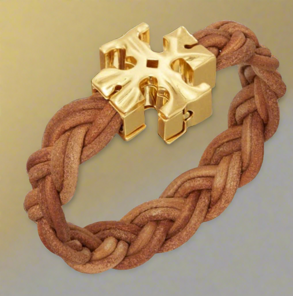 Tory Burch Fisherman 18K Gold Plated & Braided Leather Bracelet Rolled Gold Vachetta