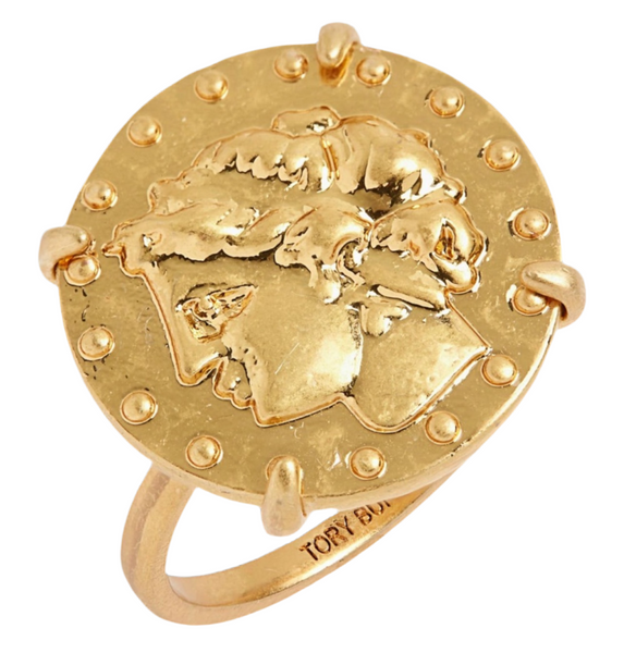 Tory Burch Brass Coin Ring in Rolled Brass Size 6