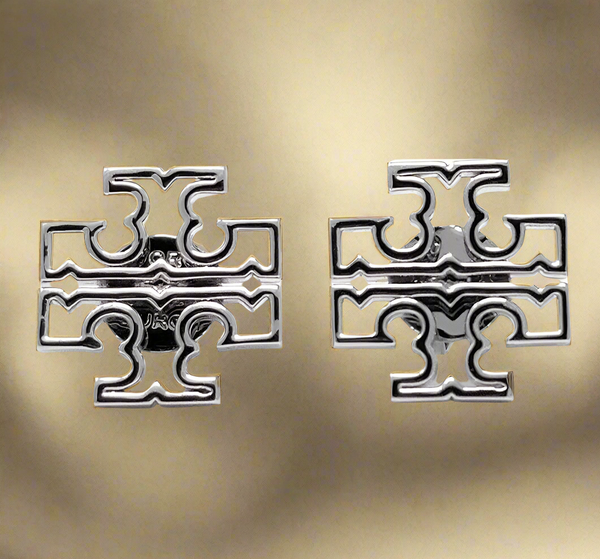 Tory Burch Britten Silver Stud Earrings In Rhodium Plated Polished Finish