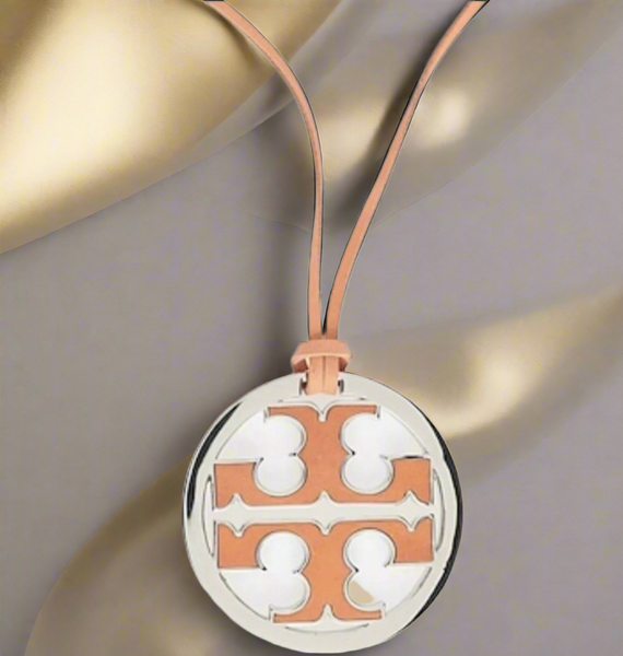 Tory Burch Silver & Coral Leather Logo With Coral Leather Necklace