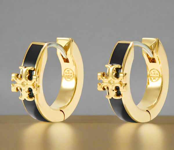 Tory Burch Kira Small Huggies Gold Tone And Black Enamel Hoop Earrings