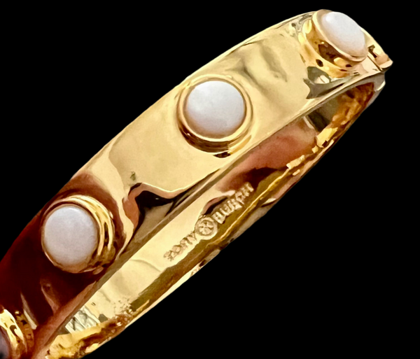 Tory Burch Metallic Pearl & Metal Logo Stud Swarovski Crystal Pearls Cuff Bracelet