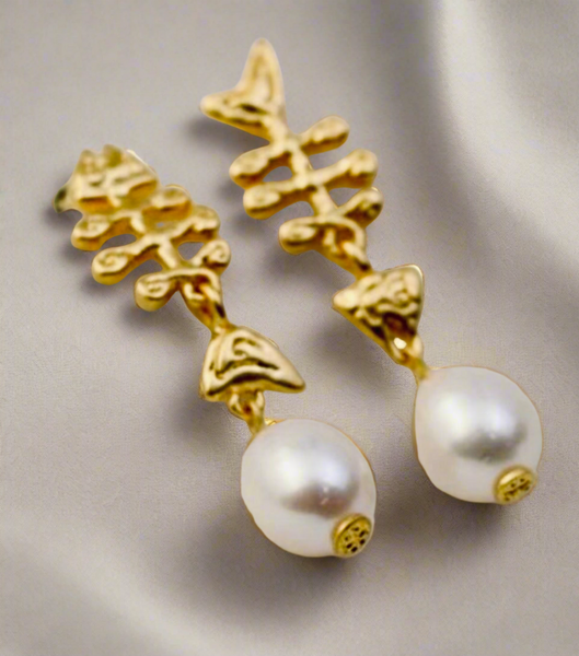 Tory Burch Golden Fish Bone with Mermaid Tails & Freshwater Pearl Earrings