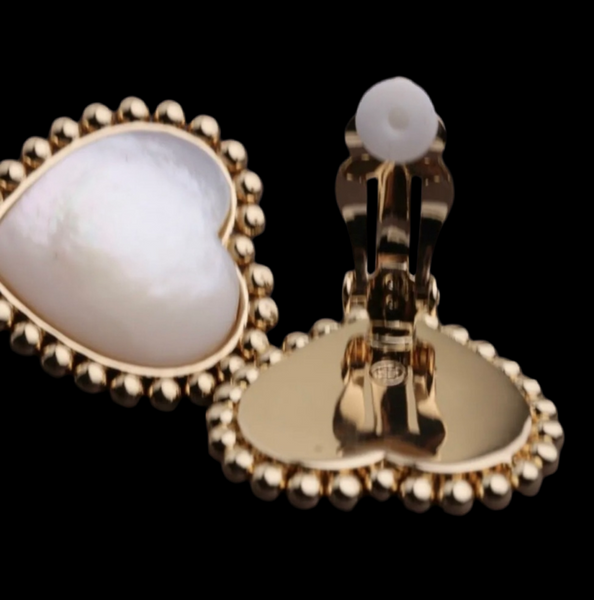 Tory Burch Gold And Mother Of Pearl Heart with Milgrain Detailing Large Clip On Stud Earrings