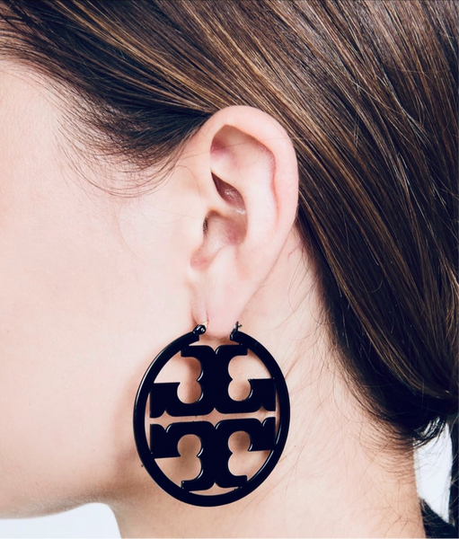 Tory Burch Miller Logo Hoop Earrings Painted Black and French Cream