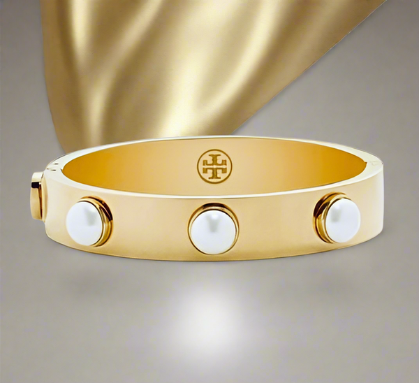 Tory Burch Metallic Pearl & Metal Logo Stud Swarovski Crystal Pearls Cuff Bracelet