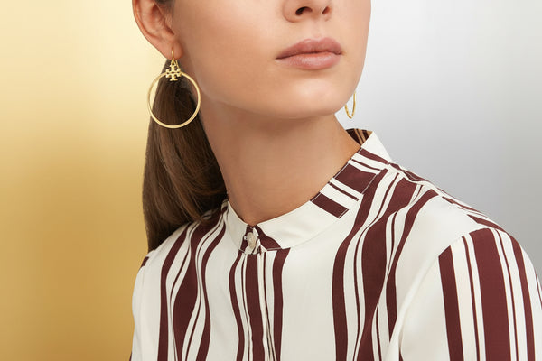Tory Burch Metallic Gold Kira Stacked-T Logo Hoop Earring