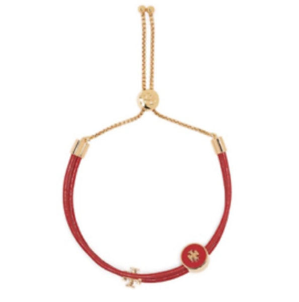 Tory Burch Kira 18K Gold Plated Leather & Enamel Logo Red Bracelet