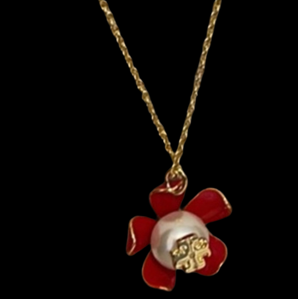 Tory Burch Gold And Samba Red Pearl Flower Necklace