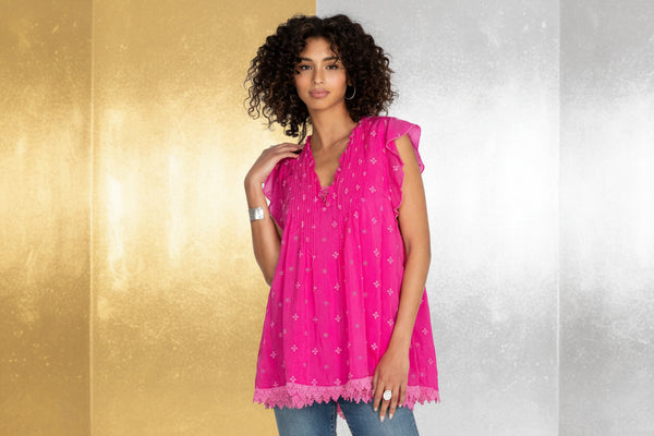 Johnny Was Anthena Embroidery Bright Pink Tunic Tope Size Large