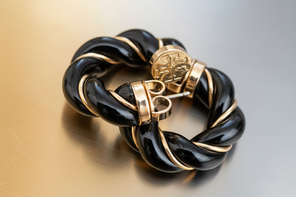 Tory Burch Black and Gold Textured Rope Hoop Earrings