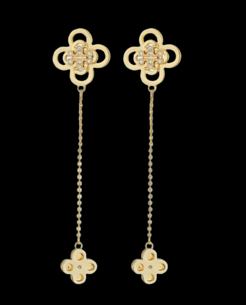 Tory Burch Kira Clover Front-Back Stud Earrings Gold with Crystals