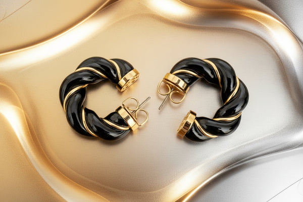 Tory Burch Black and Gold Textured Rope Hoop Earrings