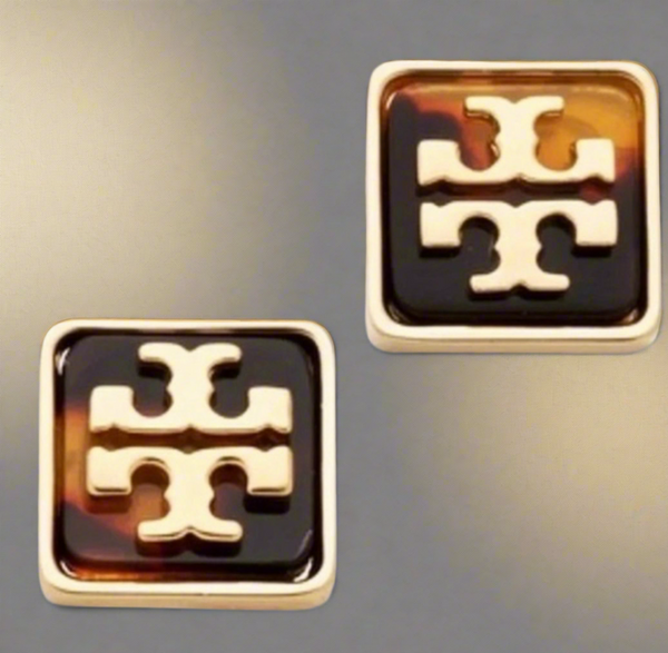 Tory Burch Gold Resin Square Stud Earrings Tortoise and Gold