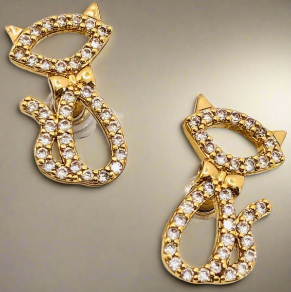 Kate Spade Jazz Things Up Pave Cat Gold And Pave Crystals Stud Earrings