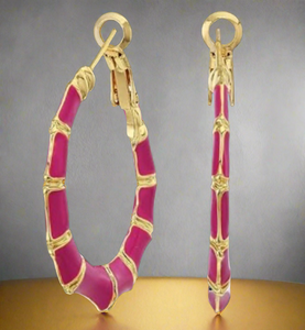 Shashi 18K Gold Plated Bamboo Textured Hoop Earrings Gold And Fuchsia