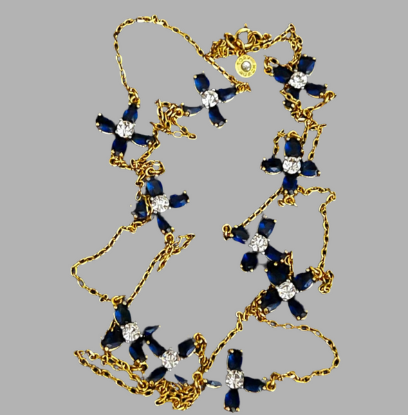 Tory Burch Long Swarovski Crystal Blue Flowers Necklace Gold & Blue