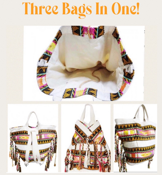 American and Beyond Travel Boho Bag MI Fringed Backpack/Tote - Three bags in one