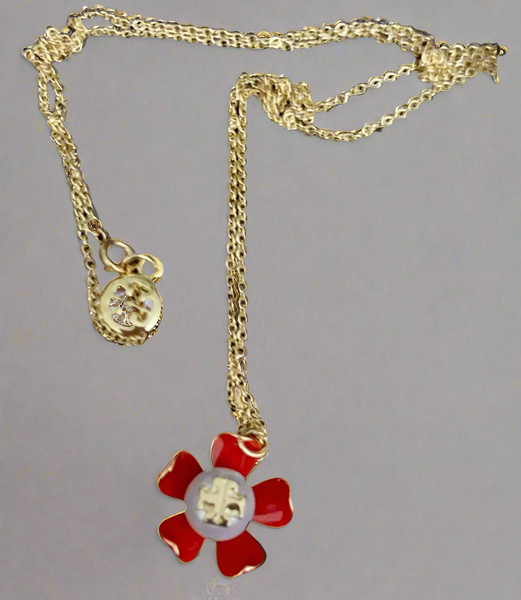 Tory Burch Gold And Samba Red Pearl Flower Necklace