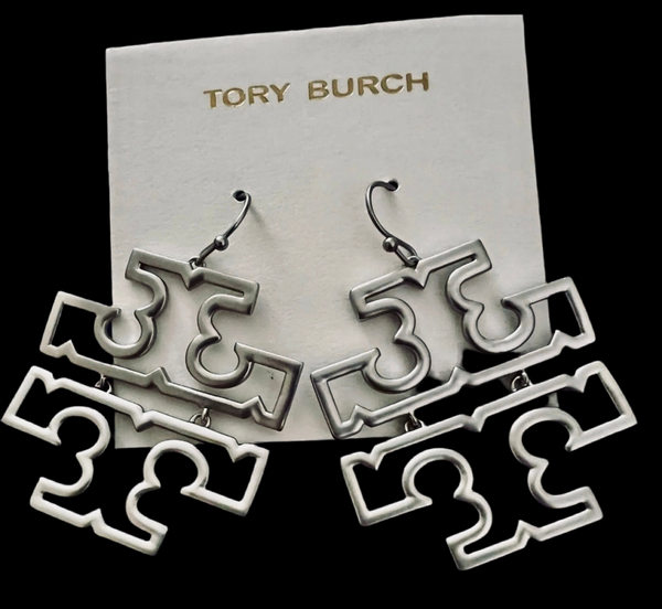 Tory Burch Britten Silver Drop Earrings Rhodium Plated Matte Finish