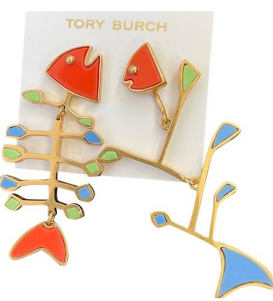 Tory Burch Fish Wishbone Mismatched Colorful Drop Earrings