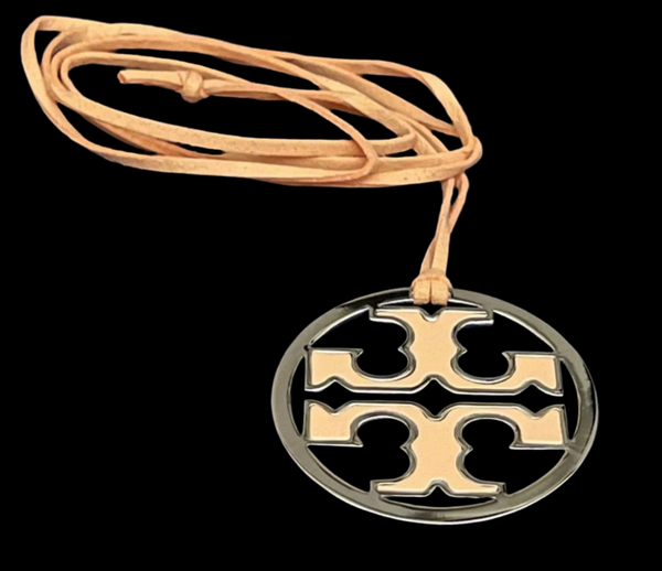 Tory Burch Silver & Coral Leather Logo With Coral Leather Necklace