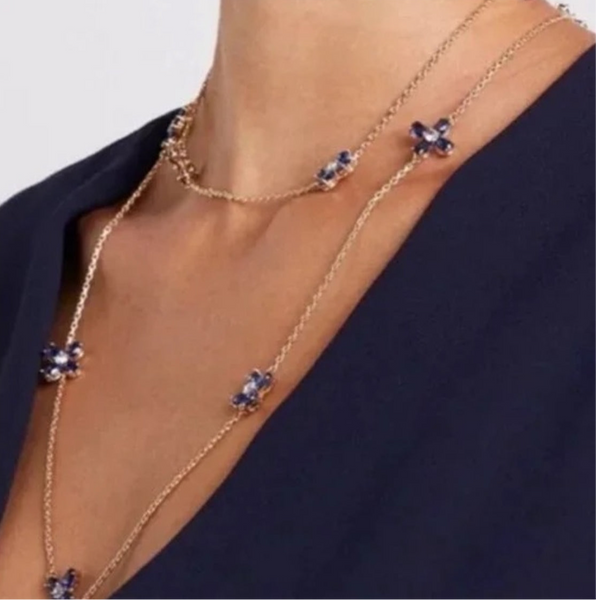 Tory Burch Long Swarovski Crystal Blue Flowers Necklace Gold & Blue