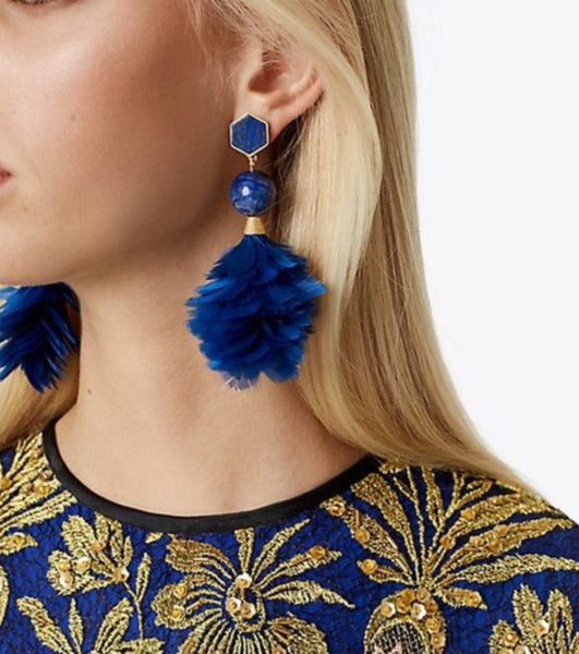 Tory Burch Gold Plated Lapis Lazul And Feather Statement Drop Earrings