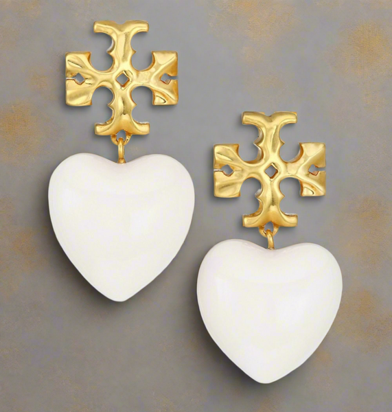 Tory Burch Roxanne Gold Tone And Resin Heart Drop Earrings In Ivory White