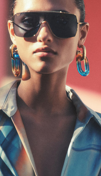 Paco Rabanne Women's Gold Blue XL Link Double Hoop Earrings