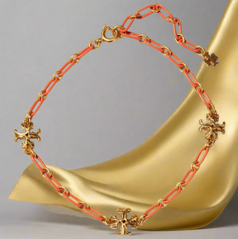 Tory Burch Roxanne 18K-Gold-Plated & Coral Acrylic Logo Chain Bracelet