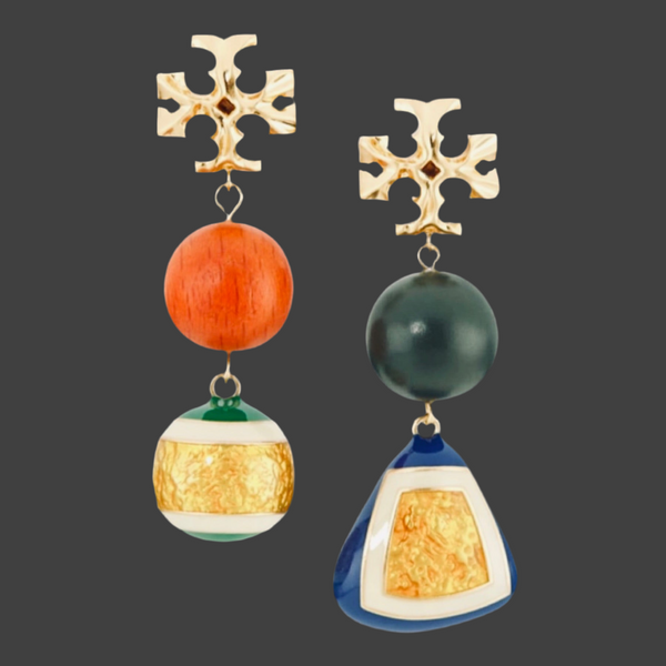 Tory Burch Roxanne Gold Plated Wood And Resin Mismatched Double Drop Earrings Gold Multi