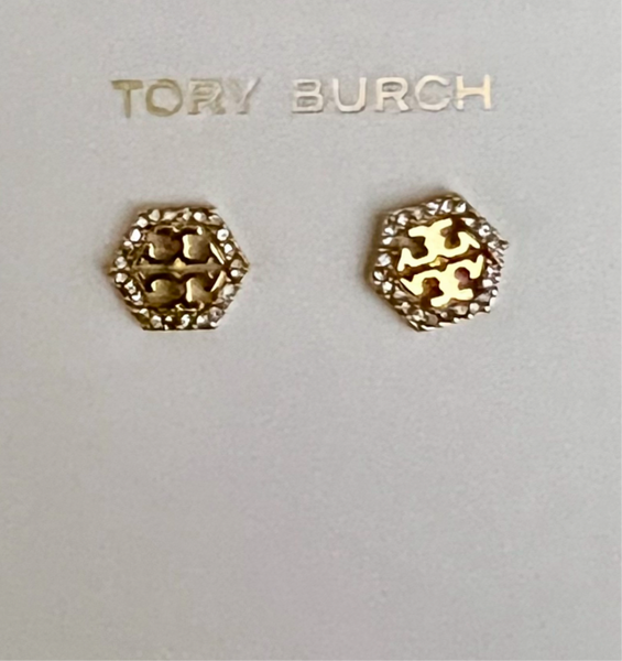 Tory Burch Hexagon Pave Frozen Logo Cuff Bracelet and Stud Earrings Gold Tone with Pavè Crystals