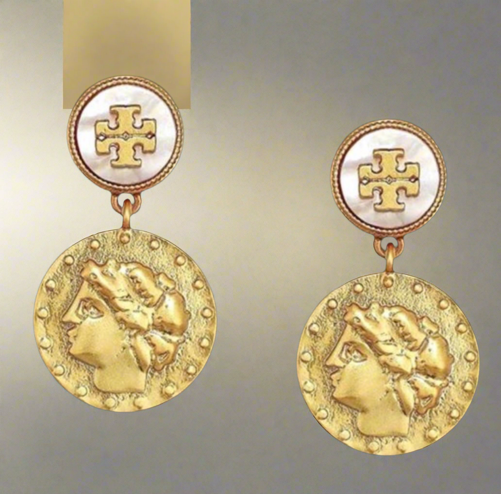 Tory Burch Gold Logo Coin Drop Medallion Earrings