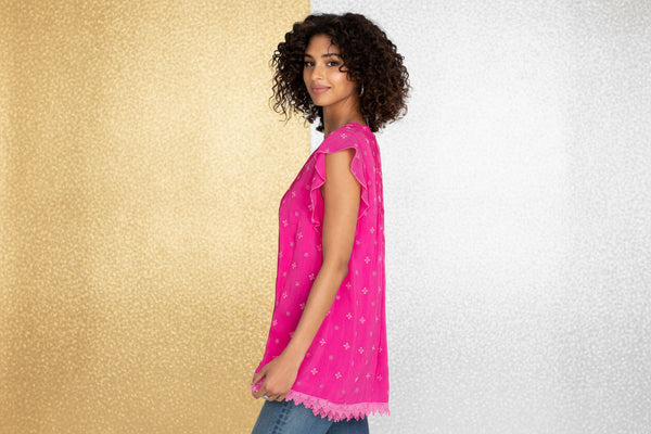 Johnny Was Anthena Embroidery Bright Pink Tunic Tope Size Large