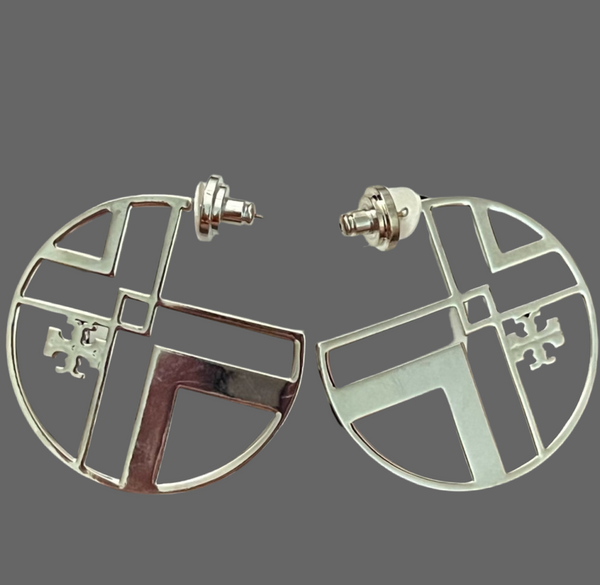 Tory Burch Chevron Cutout Hoop Earrings With Tory Logo Shiny Silver