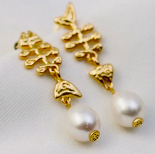 Tory Burch Golden Fish Bone with Mermaid Tails & Freshwater Pearl Earrings